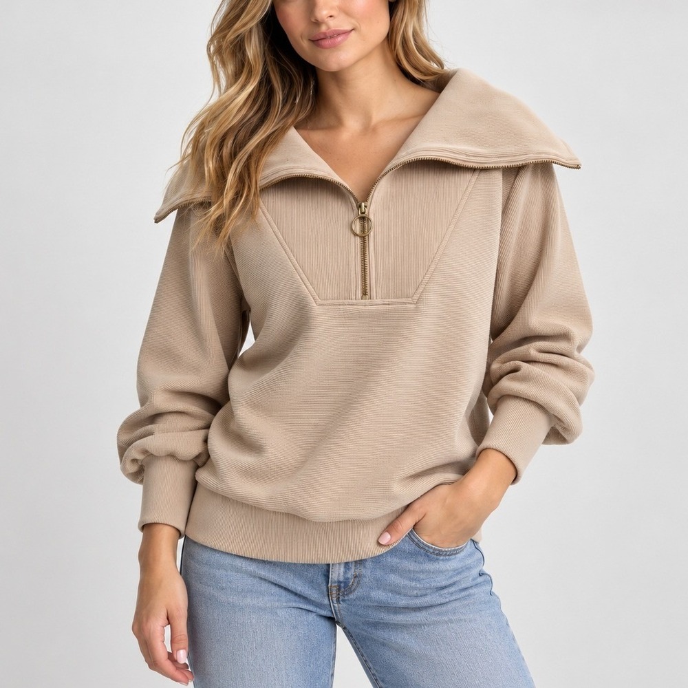 Varley Vine Half Zip Pullover L Tan Ribbed Knit Sweater